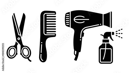 Hairdressing Tools - Scissors, Comb, Hair Dryer, and Spray Bottle Illustration.