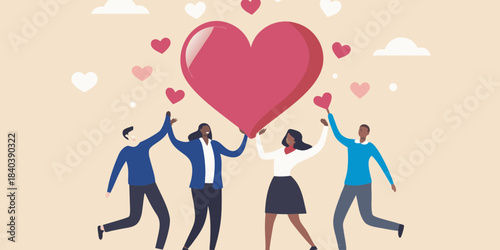 People celebrating love and connection by lifting a large heart together