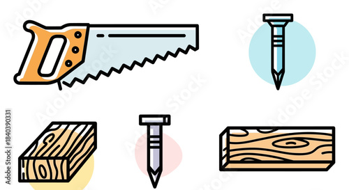 Hand Saw, Nails, and Wood Planks Illustration for Carpentry.