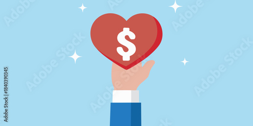 A hand holding a red heart with a dollar sign inside