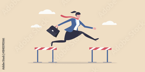 Businesswoman leaping over obstacles symbolizing success and overcoming challenges in career