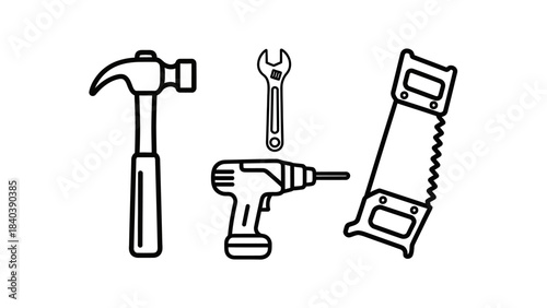 Hand Tools Line Art - Hammer, Wrench, Drill, and Saw.