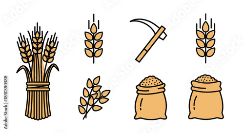 Harvest Icons - Wheat Sheaf, Grain, and Sickle Illustration.