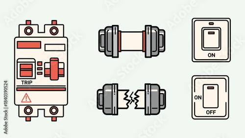 Electrical Safety Components - Circuit Breaker, Fuse, and Light Switch Illustrations.