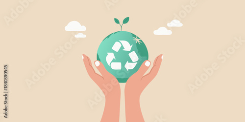 Protecting our planet hands cradling a globe with a recycling symbol