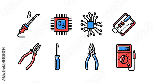 Electronics Tools and Components - Soldering Iron, Microchip, Circuit Board, and More.