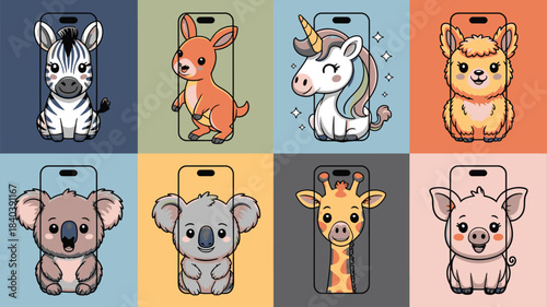 Cartoon Animal Characters in Phone Frames Zebra, Kangaroo, Unicorn, Llama, Koala, Giraffe, Pig
