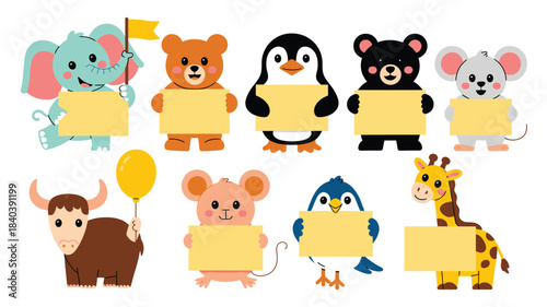 Cartoon Animal Collection Holding Blank Signs Elephant, Bear, Penguin, Mouse, Ox, Giraffe Illustration