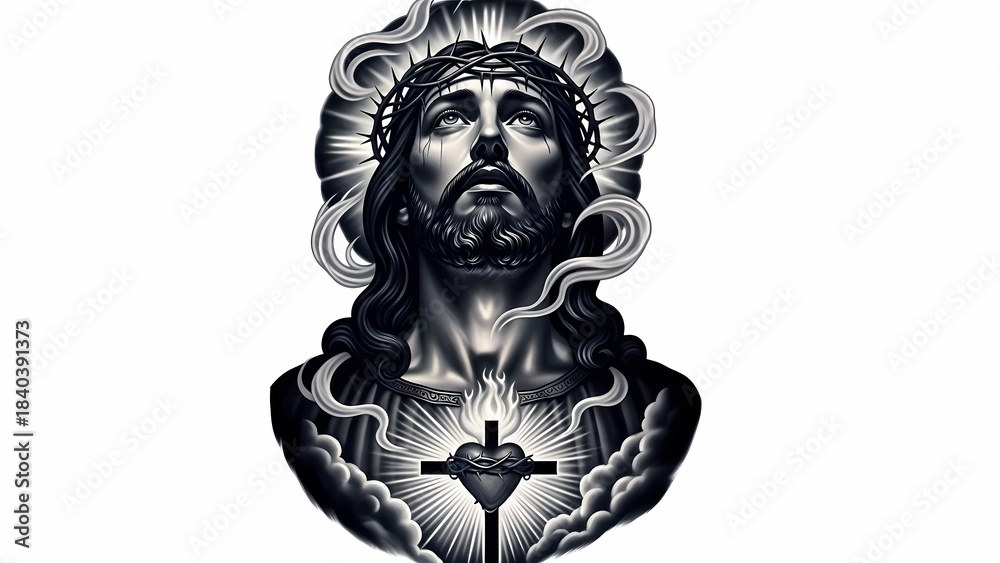 Obraz premium Sacred monochrome depiction of Christ gazing upward, crowned with thorns, surrounded by radiant light and smoke, with a glowing sacred heart and cross at the center
