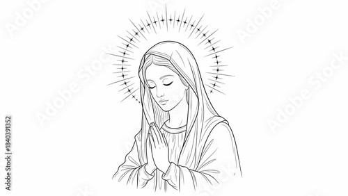 Graceful line-art depiction of the Virgin Mary in prayer, with a radiant halo of light surrounding her bowed head in serene devotion.