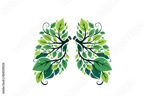 Green leaves forming human lungs illustration. green tree branch, Green Lungs Vector, Nature Respiratory Health Concept