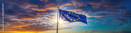 4K HD Ultra Wide Panoramic National Flag Background  - European Union flag waving against sunset sky