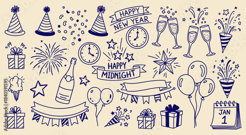 Hand drawn New Year's Eve festive celebration doodle elements featuring clocks, champagne, party hats, fireworks, and balloons for holiday design projects and digital illustrations