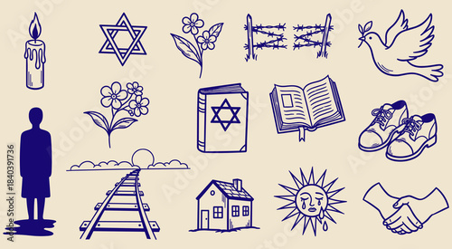 Hand-drawn collection of poignant symbols representing Holocaust remembrance, human resilience, and the universal yearning for peace, featuring candles, barbed wire, train tracks, Star of David, and