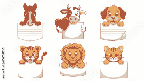 Cartoon Animals Holding Signs Horse, Cow with Heart, Dog, Tiger, Lion, and Cat Clipart