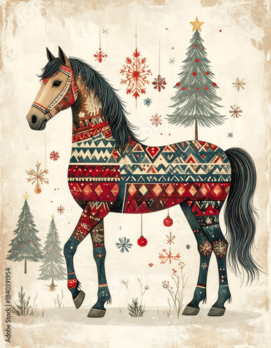 A brown horse decorated with folk-art patterns and a festive saddle blanket stands next to Christmas trees and snowflakes in a vintage-style illustration