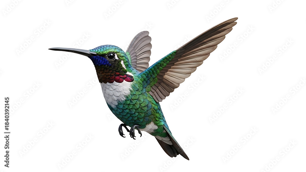 Naklejka premium Vibrant and agile hummingbird with iridescent green and blue feathers captured in mid-flight, a stunning display of natural beauty and delicate motion, isolated on white for versatile design projects