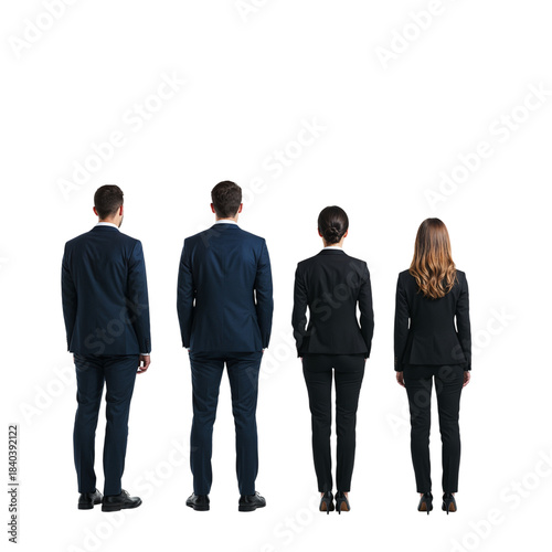 Four business professionals in suits standing together looking forward isolated on transparent background