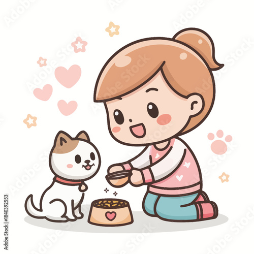 Cute Kawaii Pet Feeding Icon Isolated
