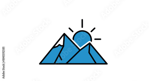 Stylized mountain landscape with a rising sun.