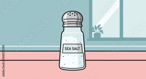 Minimalist Illustration of a Sea Salt Shaker on a Kitchen Table