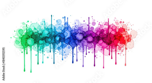 Vibrant watercolor paint splashes and colorful ink drips on a white background.