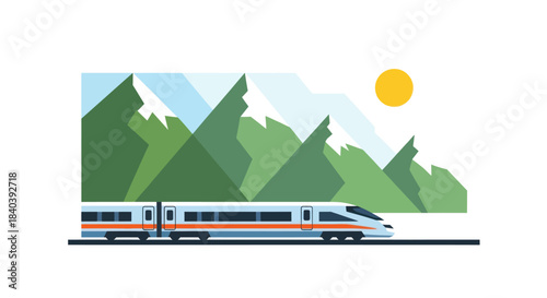 High-speed train traveling through a scenic mountain landscape.
