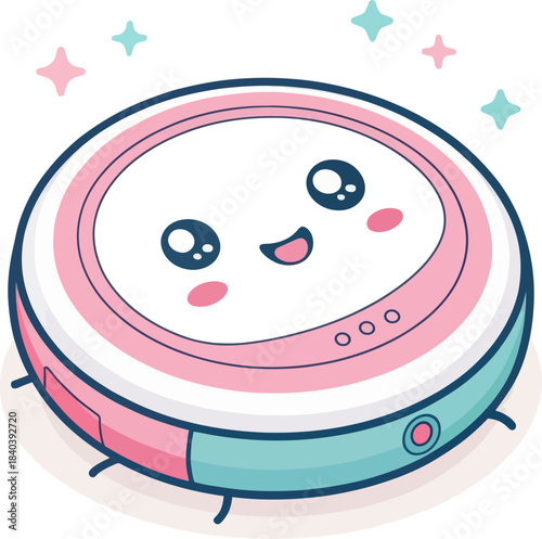 Cute Kawaii Robot Vacuum Cleaner Icon Isolated