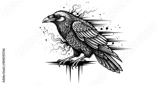Striking black raven with stylized details and energetic ink splatters.