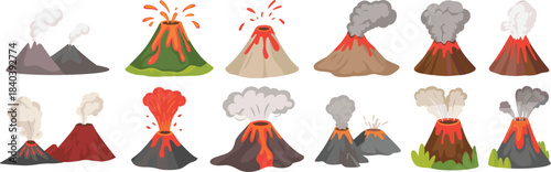 Cartoon Volcanoes with Eruptions and Smoke Clouds lava mountain