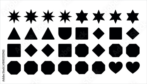 Collection of black geometric and symbolic shapes on a white background including stars triangles squares diamonds octagons and hearts