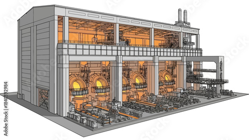 Detailed cutaway view of a large industrial steel mill with multiple glowing furnaces and heavy machinery for metal production.