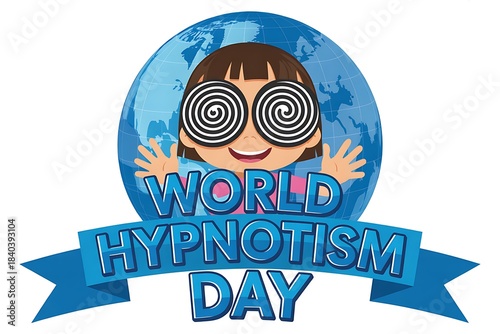 World hypnotism day celebration with spiraling eyes and ribbon banner