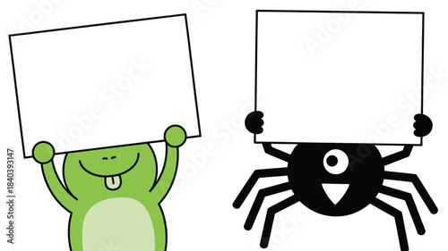 Cartoon Frog and Spider Holding Blank White Signs Upright with Optimistic Attitudes