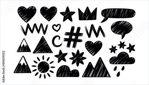 Collection of hand drawn black sketchy icons hearts stars mountains sun clouds speech bubbles and crown on white background