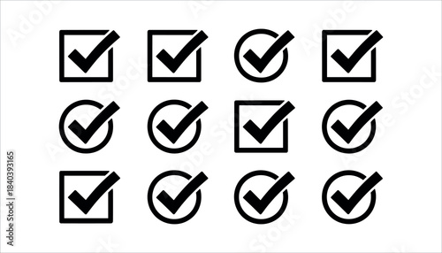 Twelve black check mark icons in squares and circles on a white background tick mark