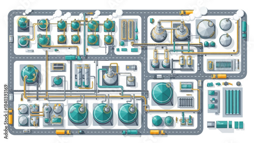 Detailed top-down illustration of a sprawling industrial complex with numerous tanks, pipes, and factory buildings, showcasing a complex manufacturing or processing facility.