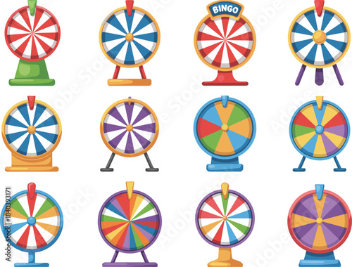 Collection of Colorful Cartoon Bingo and Prize Wheels on White Background bingo wheel game wheel