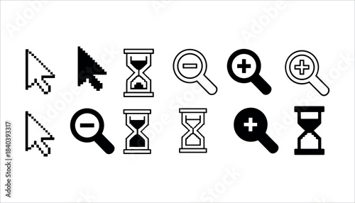 Black and white pixelated cursor hourglass and zoom icons on white background zoom in zoom out