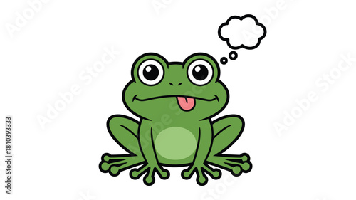 Cartoon Frog with Thought Bubble Sticking Tongue Out on a White Background