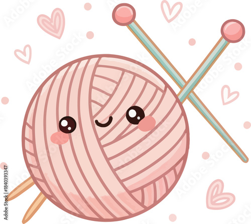 Cute Kawaii Yarn and Knitting Needles Icon Isolated