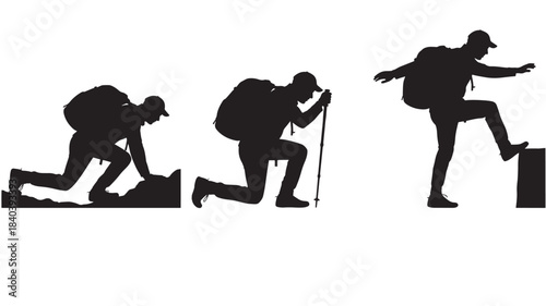 a dynamic depiction of a hiker progressing through various stages of a climb presented as a black silhouette on transparent background high quality professional detailed modern