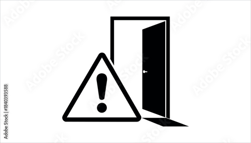 Black warning triangle with exclamation mark next to an open black door on a white background warning sign