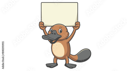 Cartoon Platypus Holding Up a Blank Beige Sign, Standing on White Background, Front View