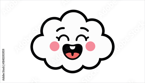 Cute happy white cloud with pink cheeks and open mouth smiling cartoon