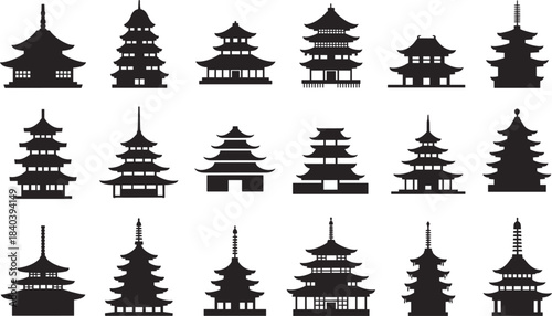 Collection of Japanese Pagoda Silhouettes in Various Styles temple architecture