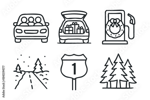 Winter road trip with gifts and festive decorations at gas station