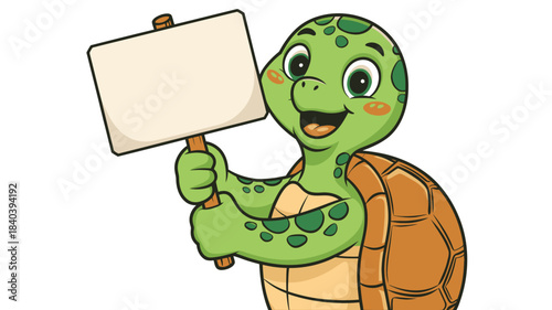 Cheerful Cartoon Turtle Holding a Blank Sign, Happy Animal Character with Empty Billboard