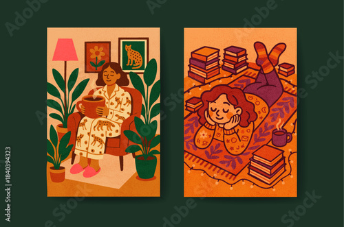 Two cozy vector posters of women relaxing at home — with tea, books, plants, and warm autumn colors. Perfect for self-care, hygge, lifestyle, and fall-themed designs.