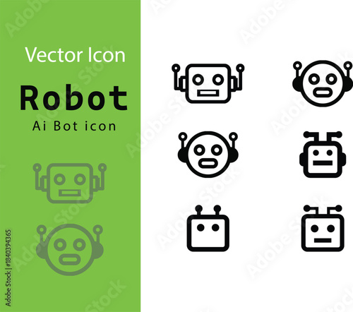 Set of robot and ai bot icons in outline style for technology and automation concepts